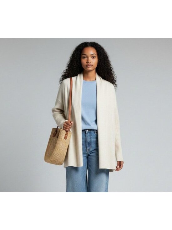 Vince Sweaters - Vince Cashmere Open-Front Cardigan Ribbed Sleeves Split Panel Cream Sz M